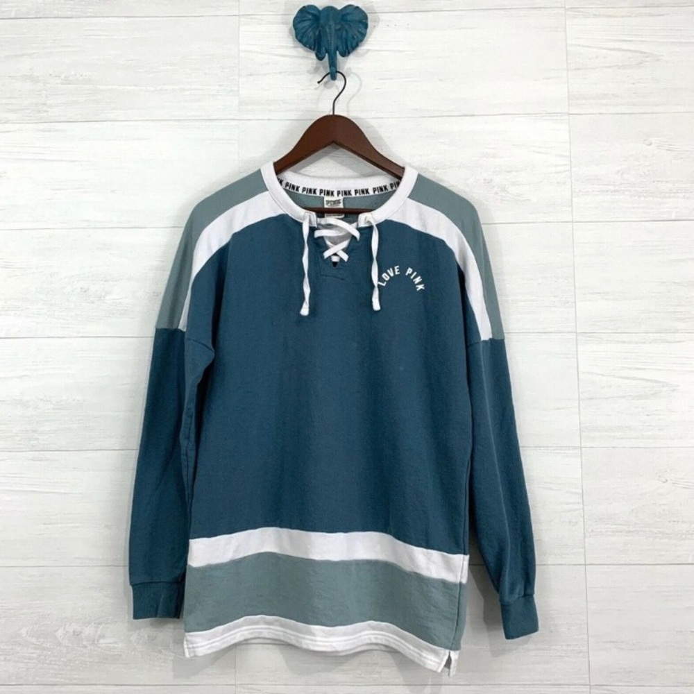 PINK Victorias Secret Boxy Teal Lace Up Sweater